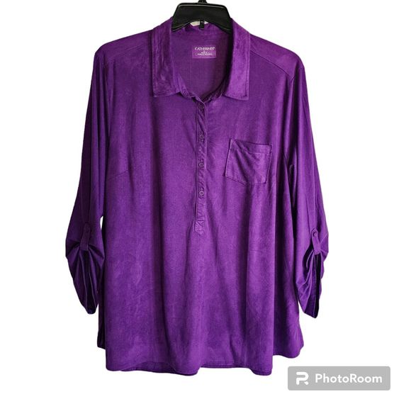 Catherines Faux Suede Top Womens 1X Purple Microfiber Roll Tab Long Sleeve - Picture 2 of 13